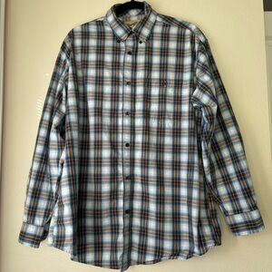 Men’s Wrangler Button Up Shirt Large Blue Plaid Work Church Western Cowboy